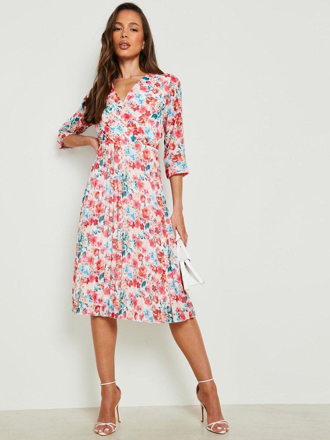 boohoo floral print pleated wrap midi dress