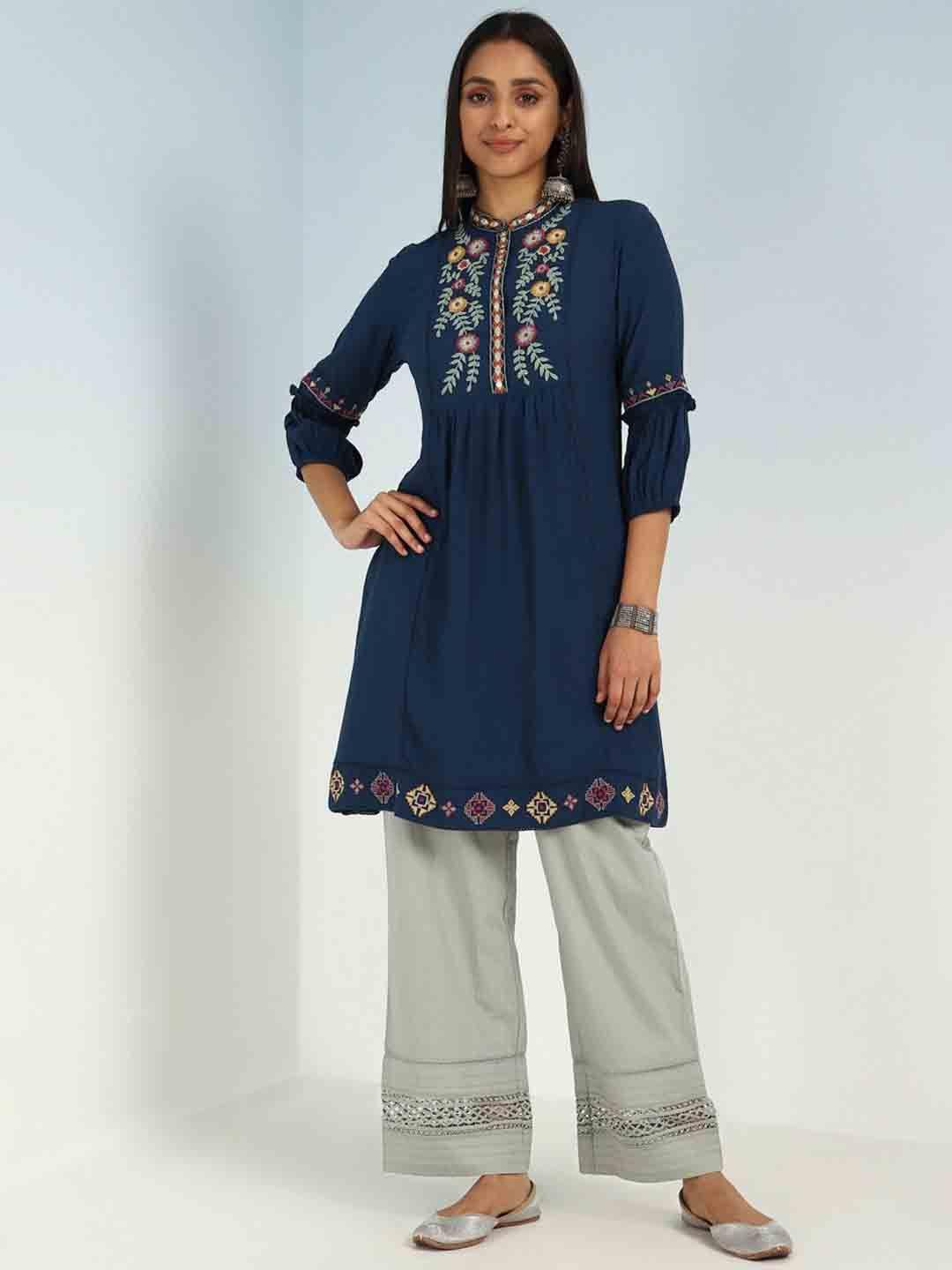 lakshita navy blue & yellow viscose rayon mandarin collar embroidered tunic