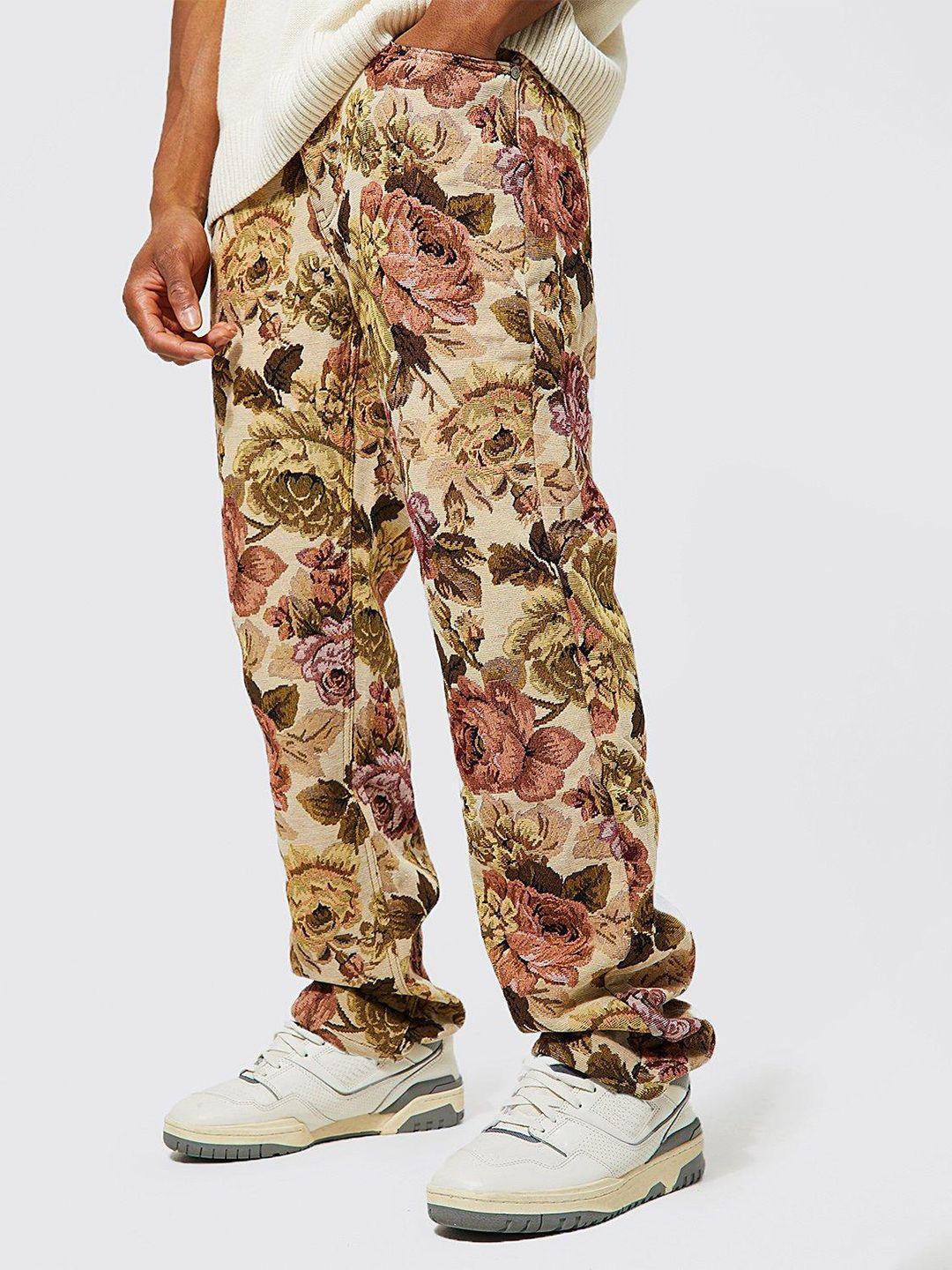 boohooman relaxed fit floral printed tapestry jeans