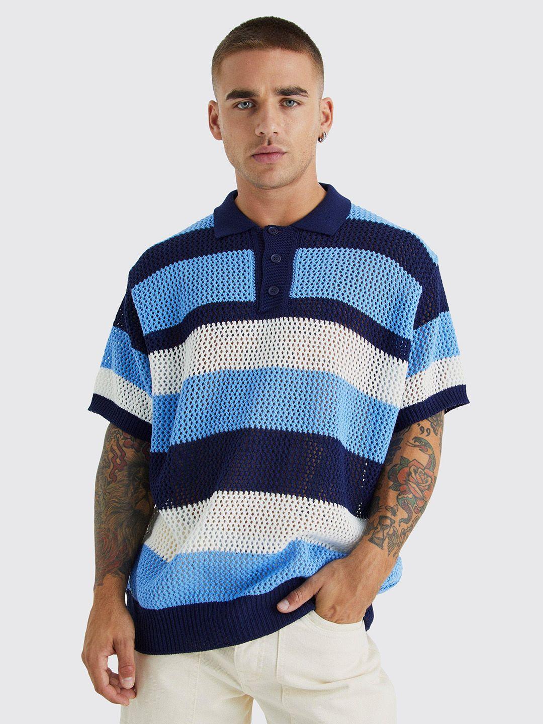 boohooman oversized polo collar crochet open-knit striped acrylic pullover