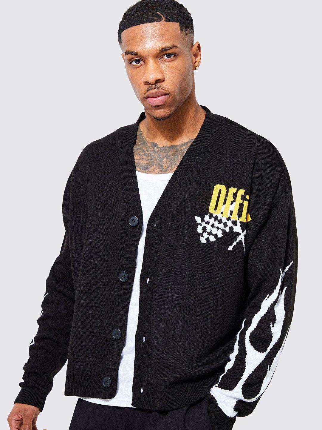 boohooman moto car printed boxy acrylic cardigan