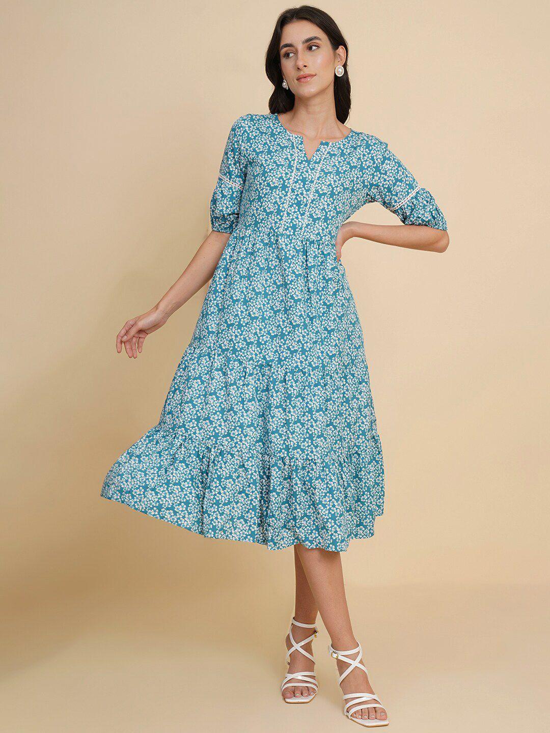 fbella teal floral print crepe a-line midi dress