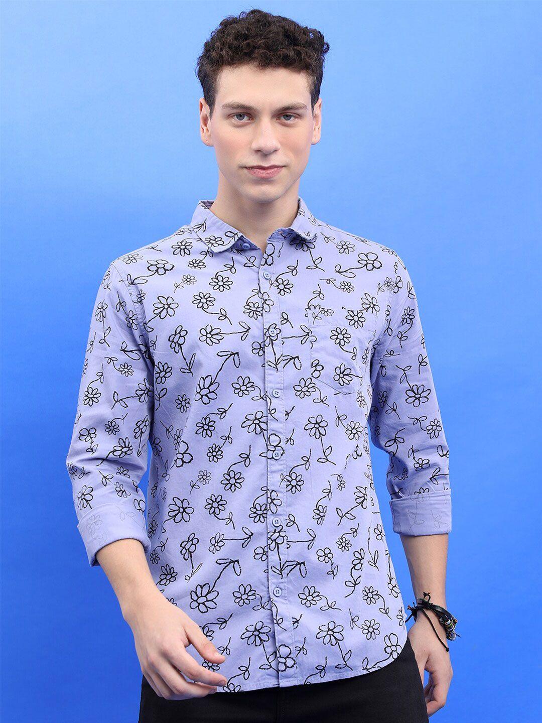 ketch lavender slim fit floral printed cotton casual shirt