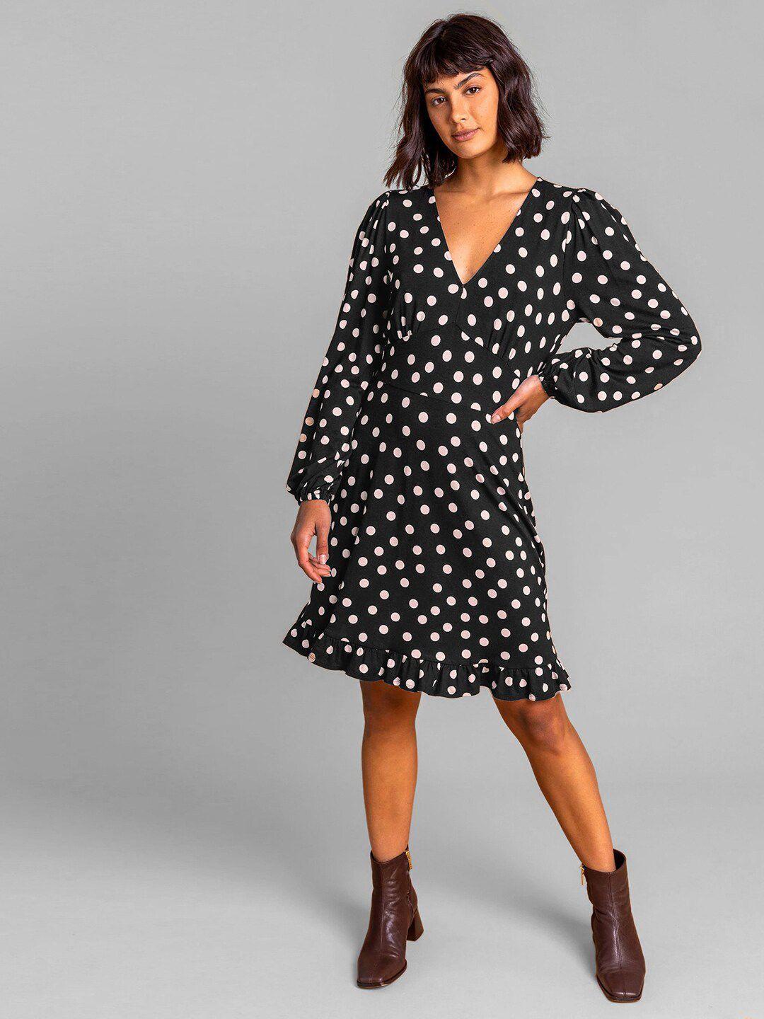 selvia polka dots printed v-neck puff sleeves a-line dress