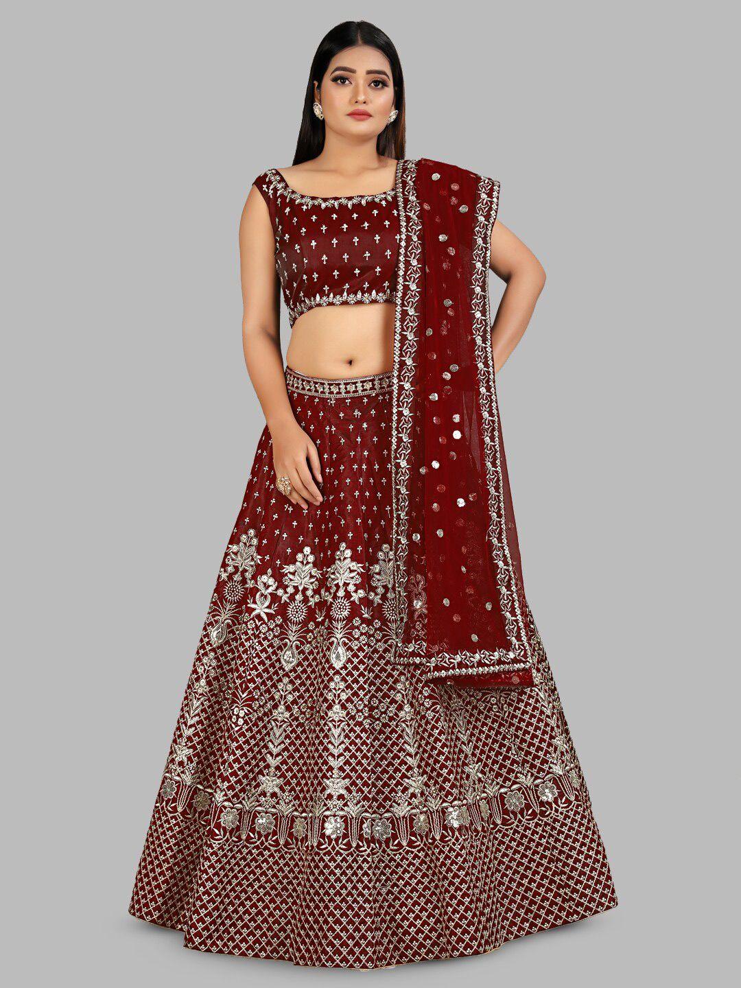 tikodi maroon & gold-toned embroidered thread work semi-stitched lehenga & unstitched blouse with dupatta