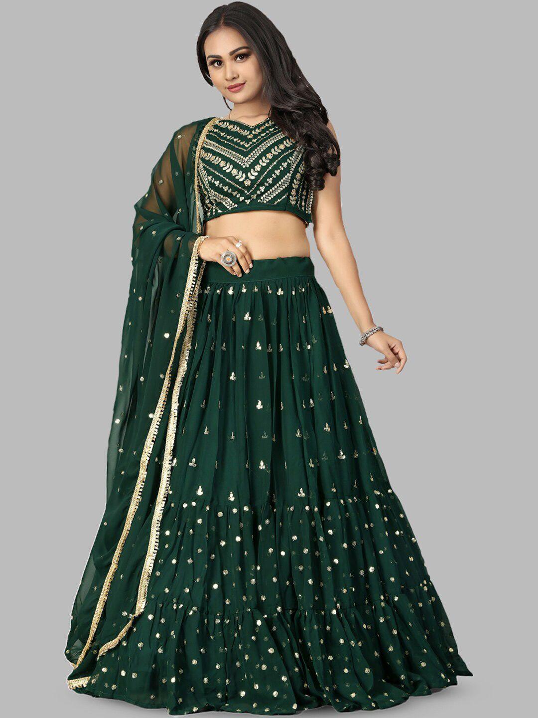 tikodi green & gold-toned embroidered sequinned semi-stitched lehenga & unstitched blouse with dupatta