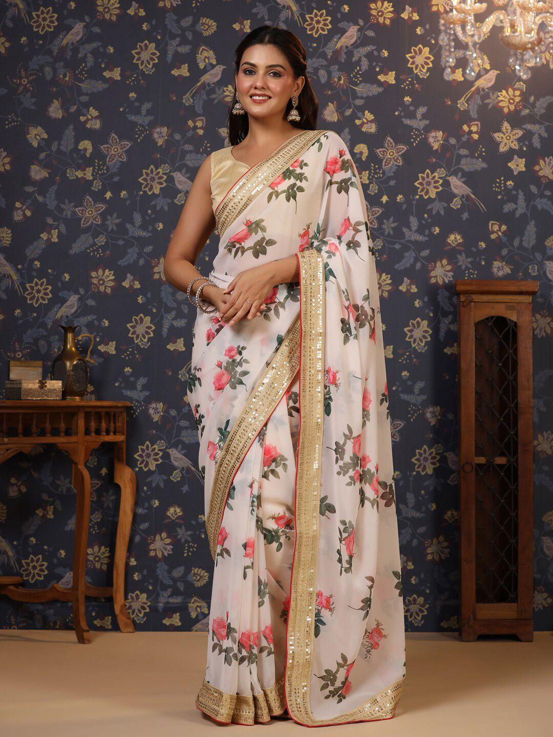 house of pataudi pure georgette floral printed sequinned saree