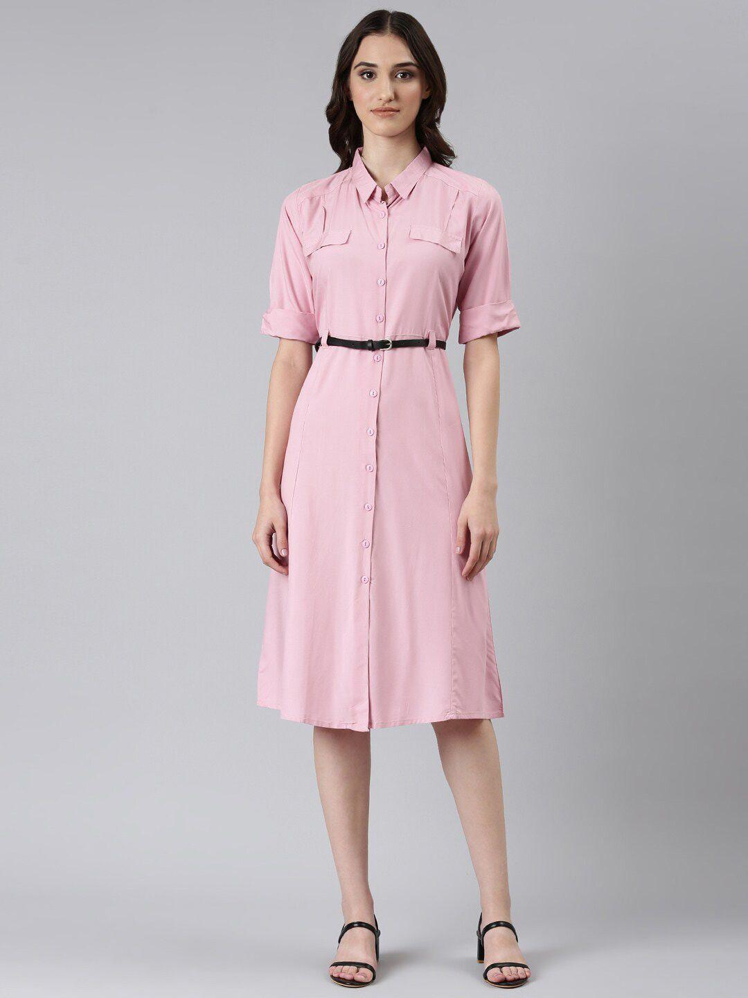 showoff shirt collar cotton shirt dress with belt