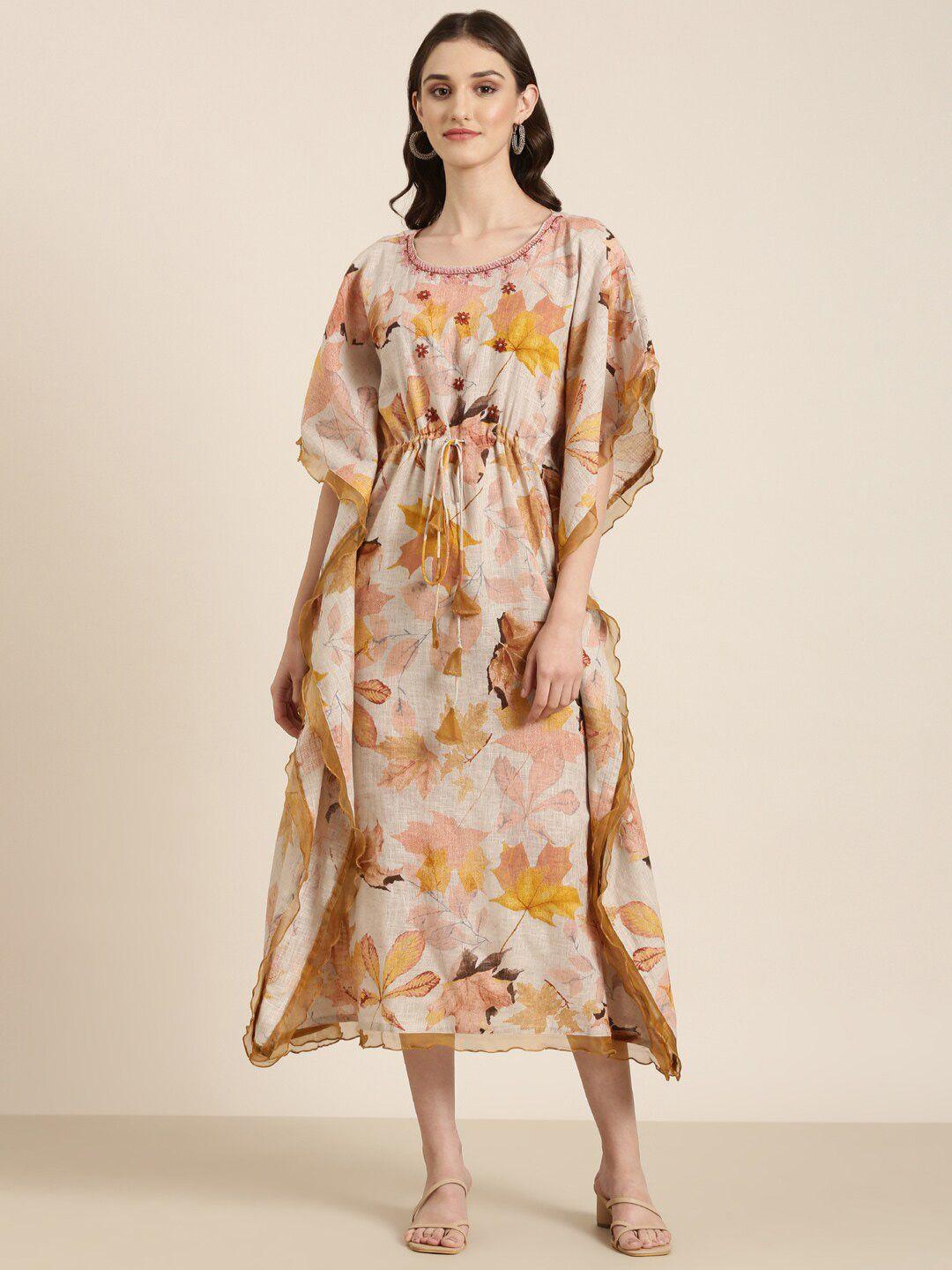 showoff floral printed round neck kaftan dress