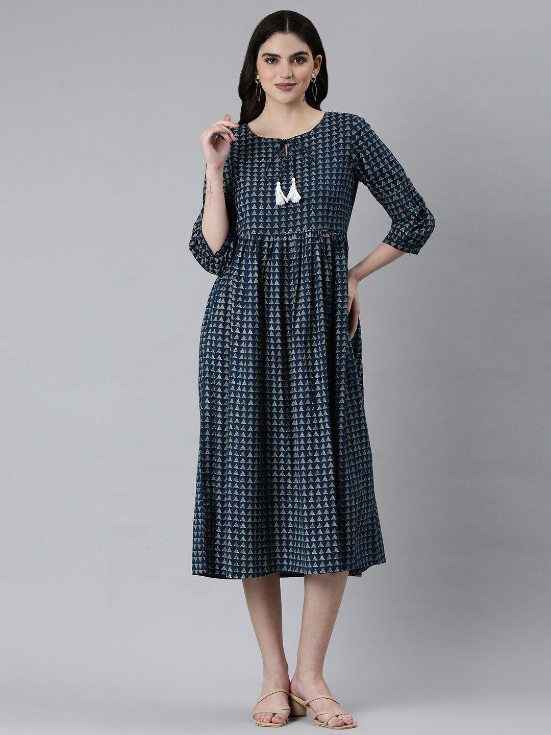 showoff ethnic motifs printed tie-up neck bell sleeves a-line midi dress