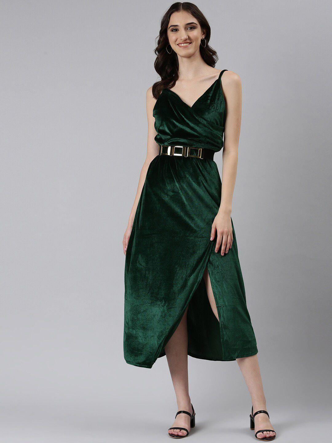 showoff shoulder straps slit velvet sheath midi dress