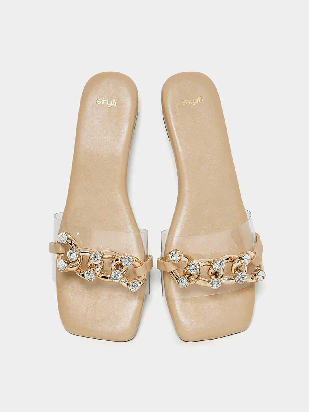 styli beige & gold-toned embellished open toe flats