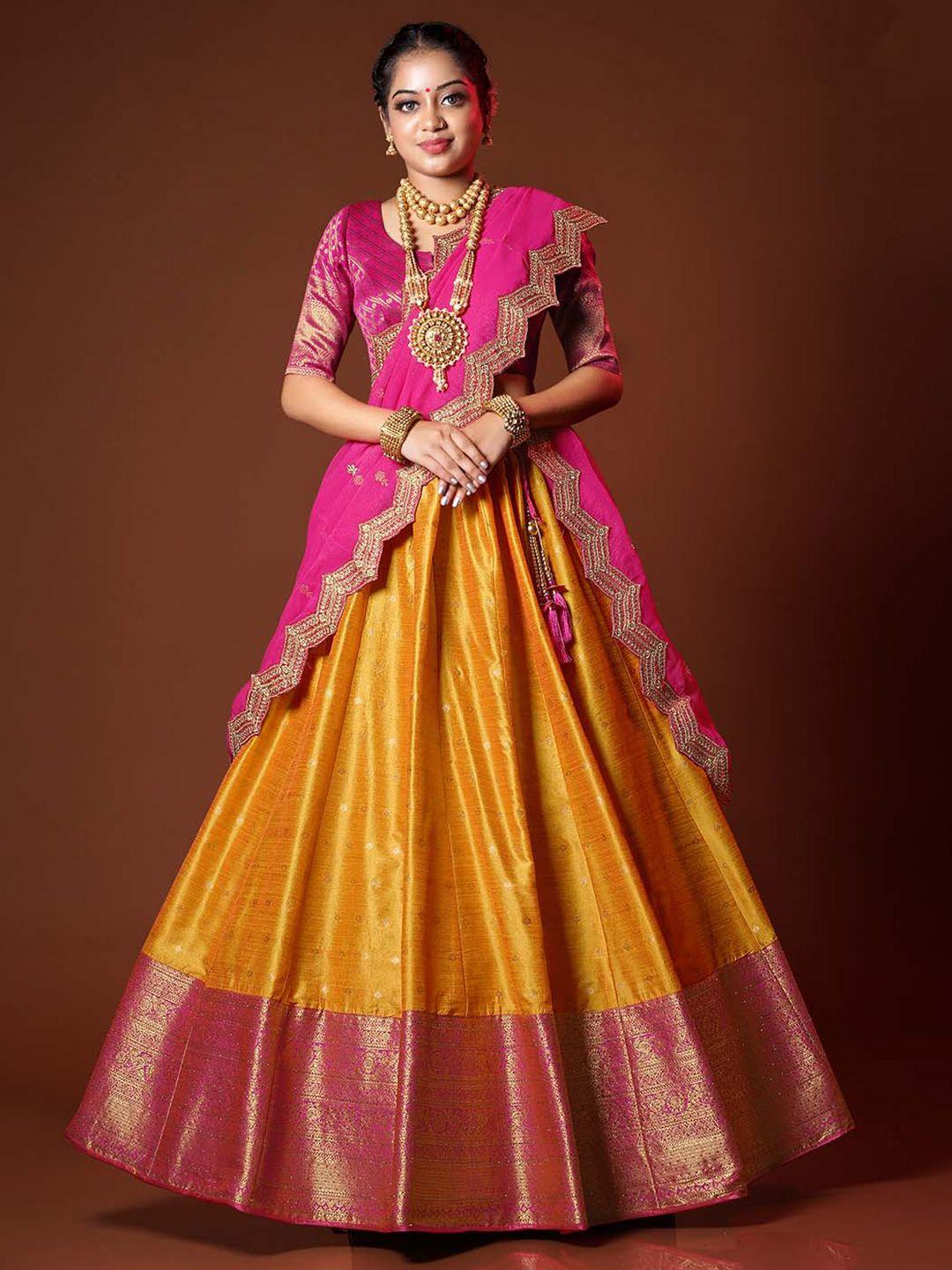 halfsaree studio thread work semi-stitched lehenga & unstitched blouse with dupatta