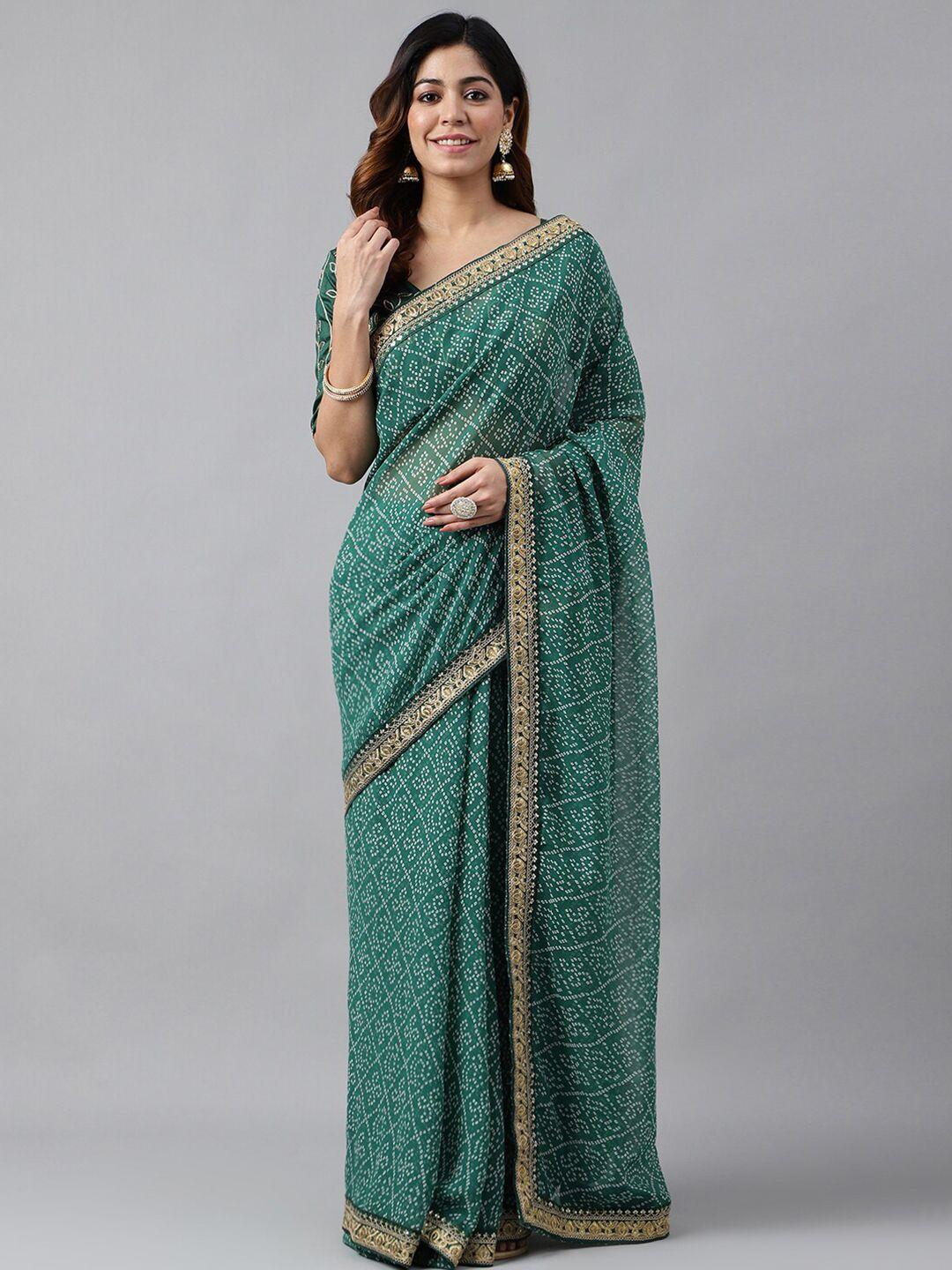 globon impex green & white bandhani embroidered pure georgette bandhani saree