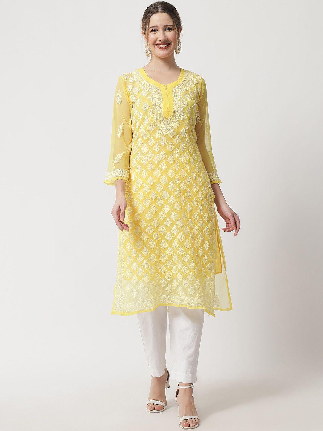 ethnava women yellow ethnic motifs embroidered keyhole neck flared sleeves chikankari handloom georgette kurta