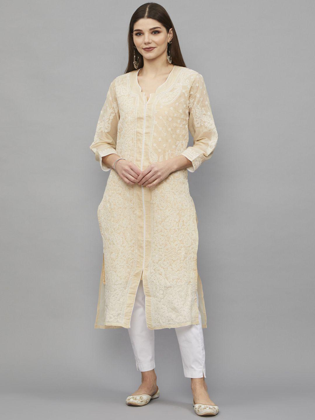 ethnava women beige ethnic motifs thread work handloom kurta