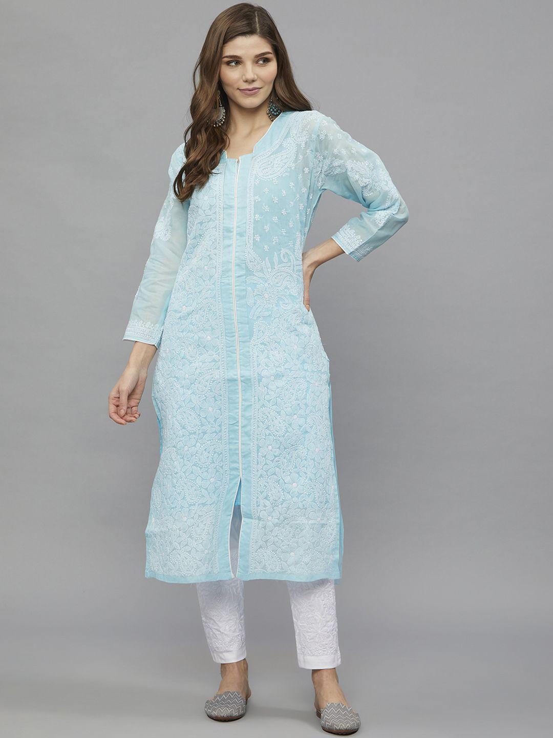 ethnava women blue ethnic motifs printed chikankari handloom kurta