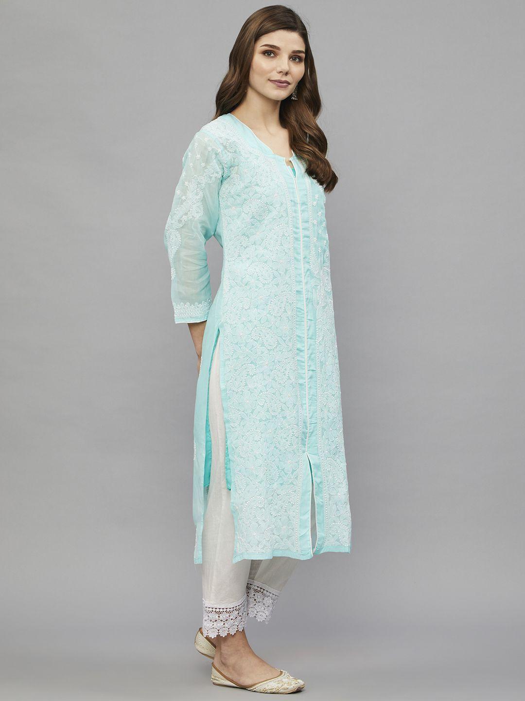 ethnava women sea green ethnic motifs embellished chikankari handloom kurta