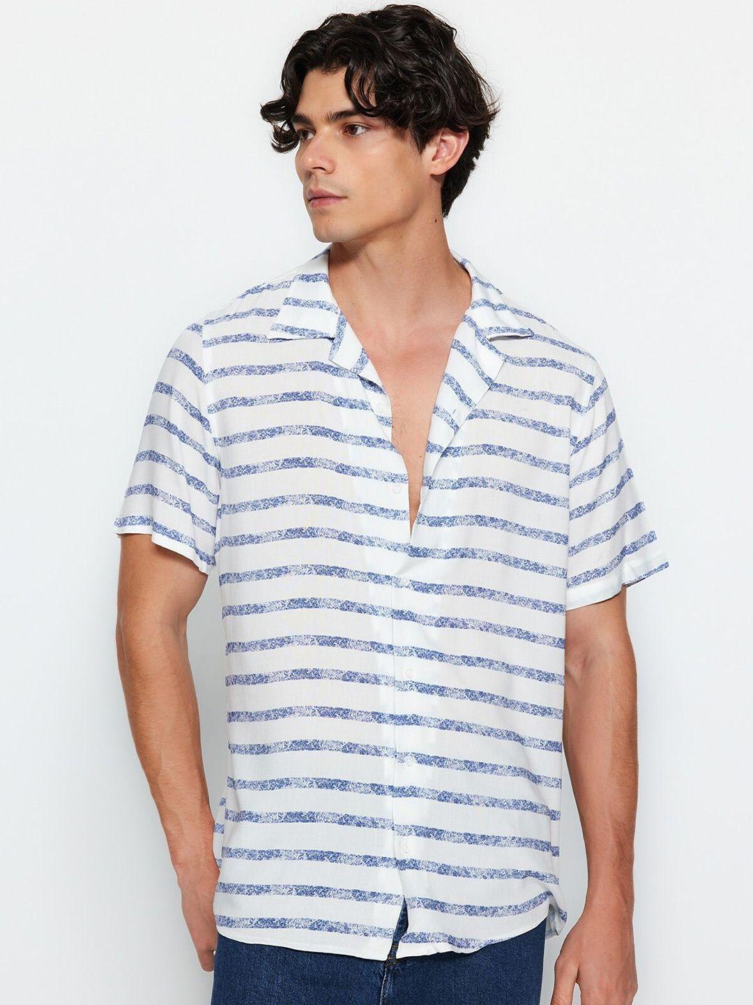 trendyol horizontal stripes spread collar short sleeves casual shirt