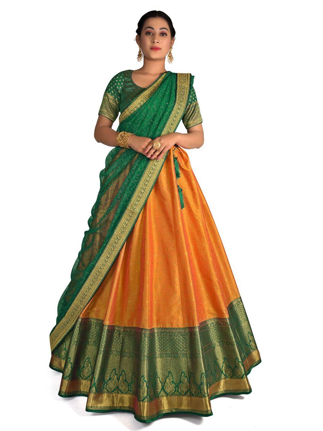 halfsaree studio orange & green semi-stitched lehenga & unstitched blouse with dupatta