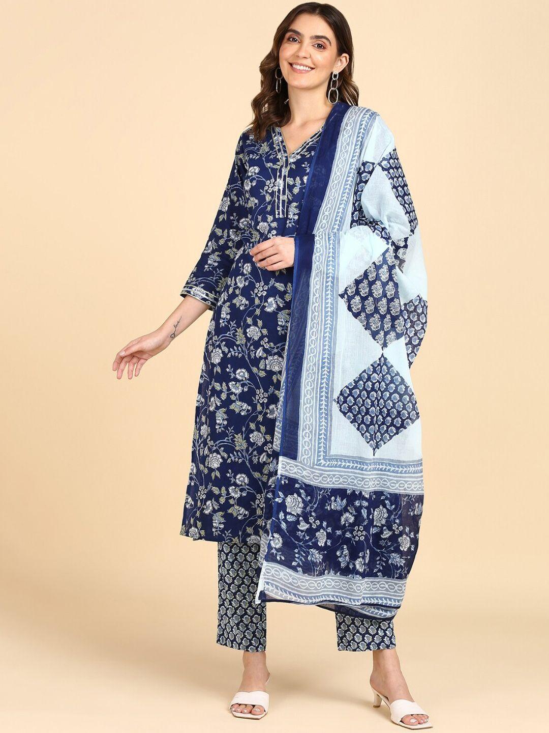 vedana floral printed regular pure cotton kurta with trousers & dupatta