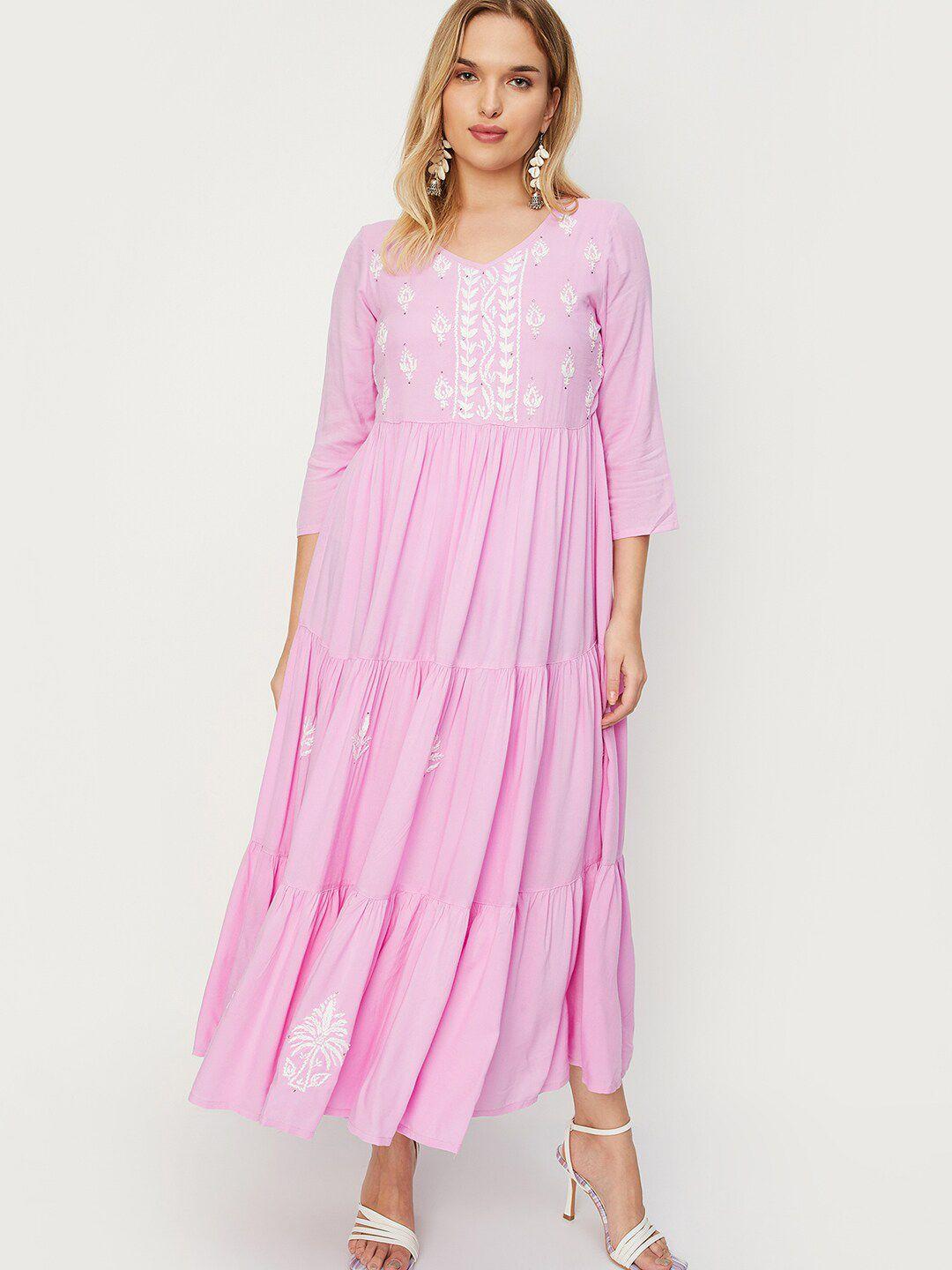 max ethnic motifs embroidered tiered maxi dress