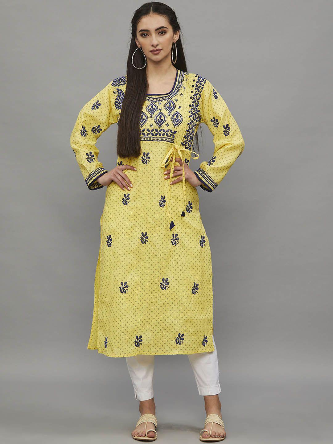 ethnava women yellow ethnic motifs embroidered flared sleeves thread work handloom kurta