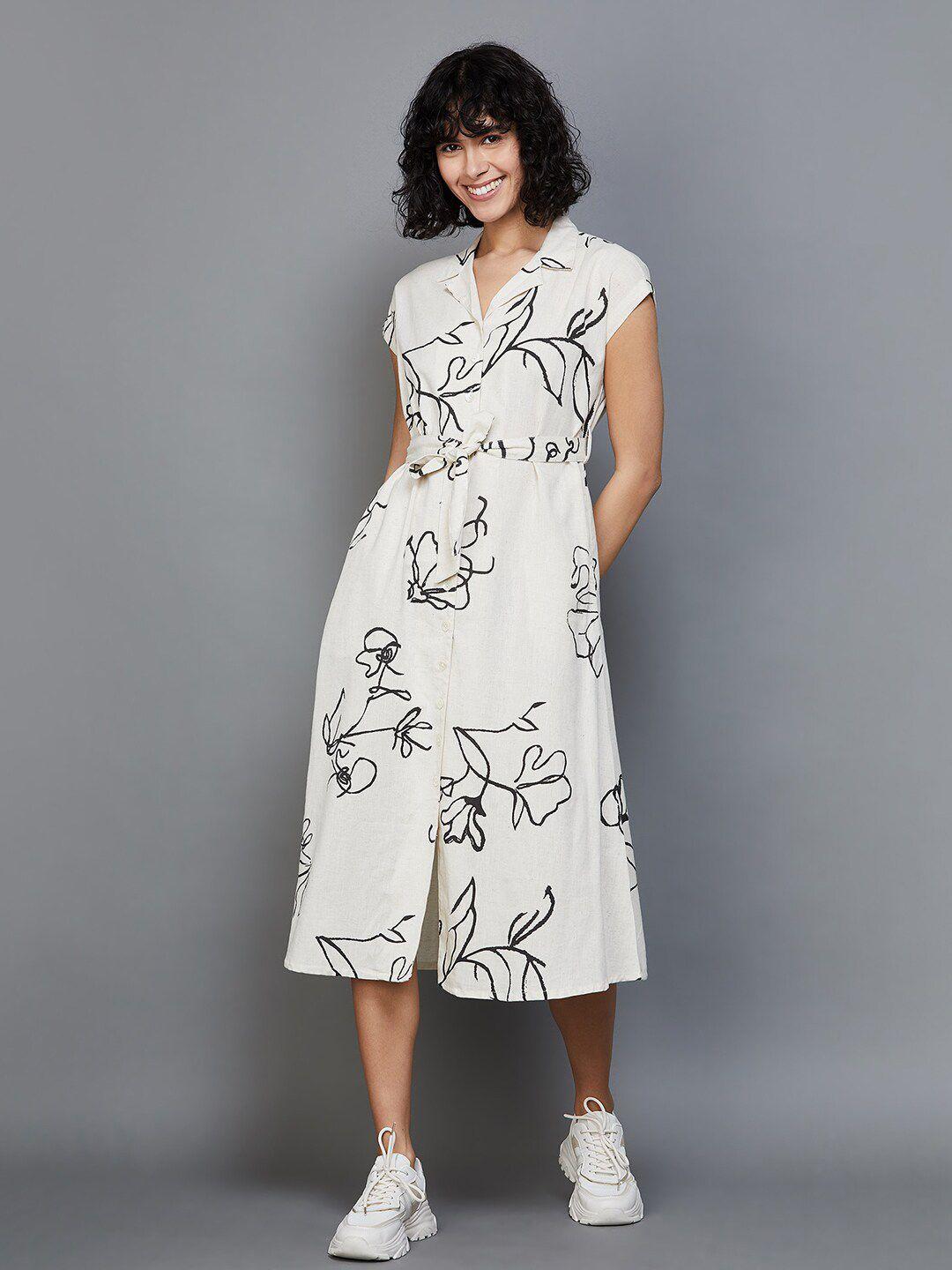 colour me by melange cuban collar floral printed tie-up a-line dress