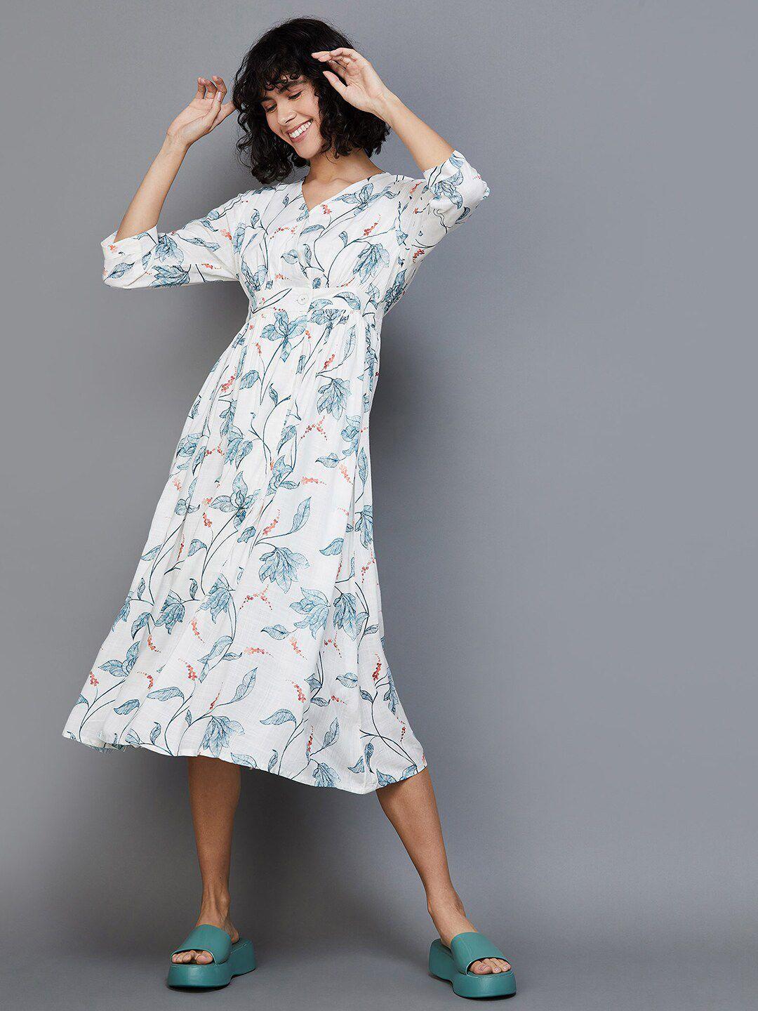 colour me by melange v neck floral printed regular sleeve fit & flare midi dress