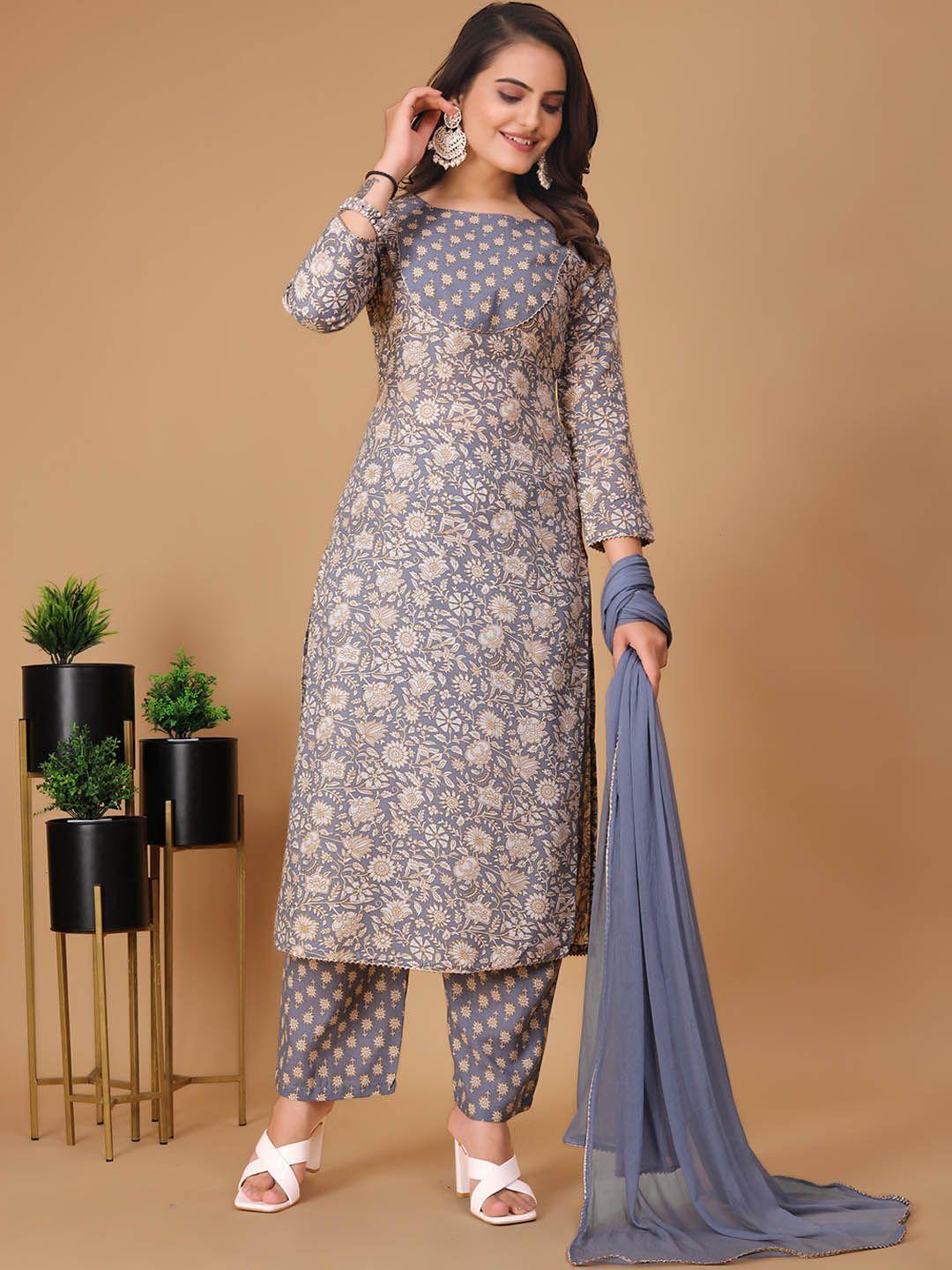 kalini floral printed regular pure cotton kurta with trousers & dupatta