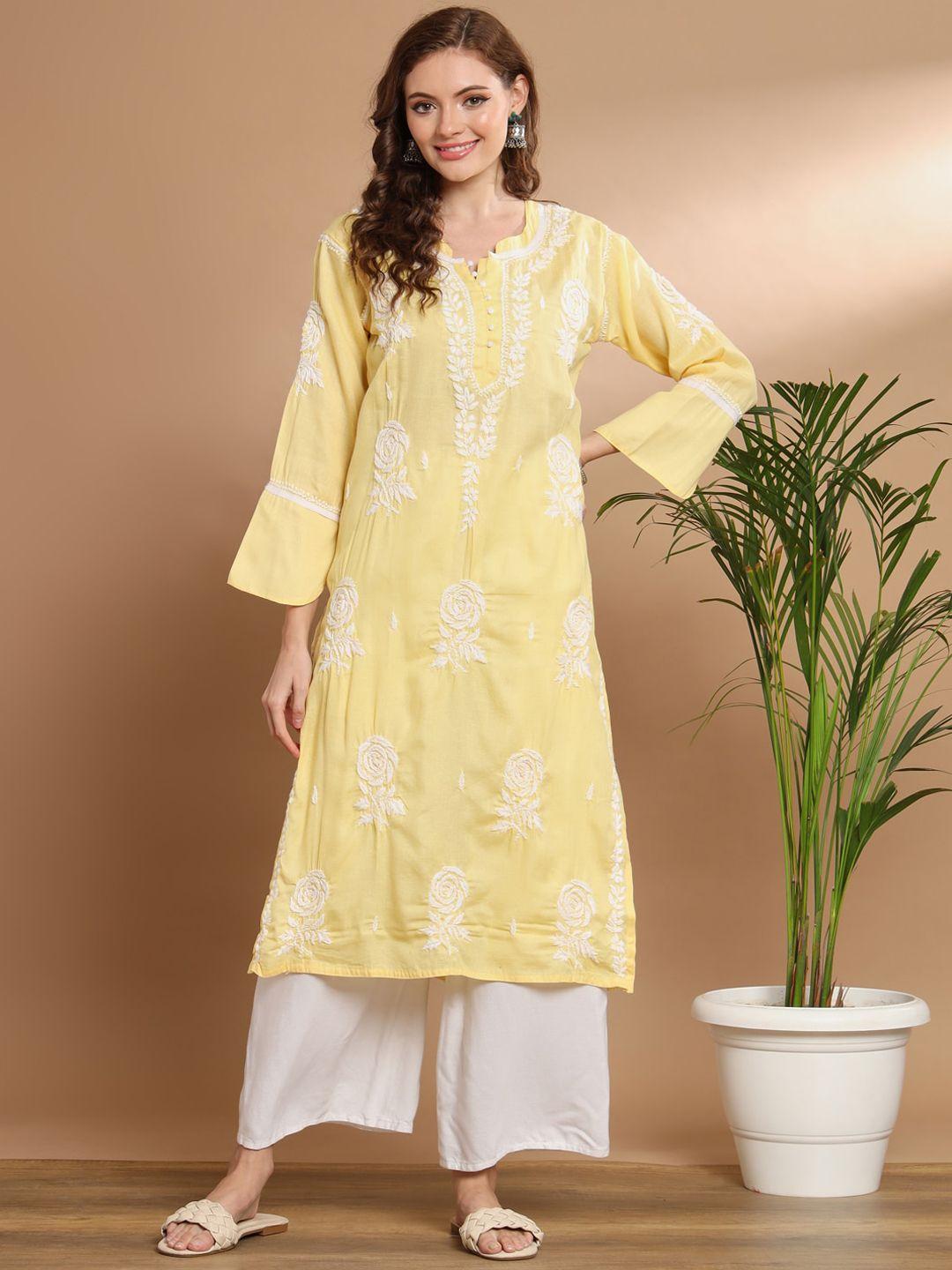 ethnava floral embroidered flared sleeves cotton straight kurta