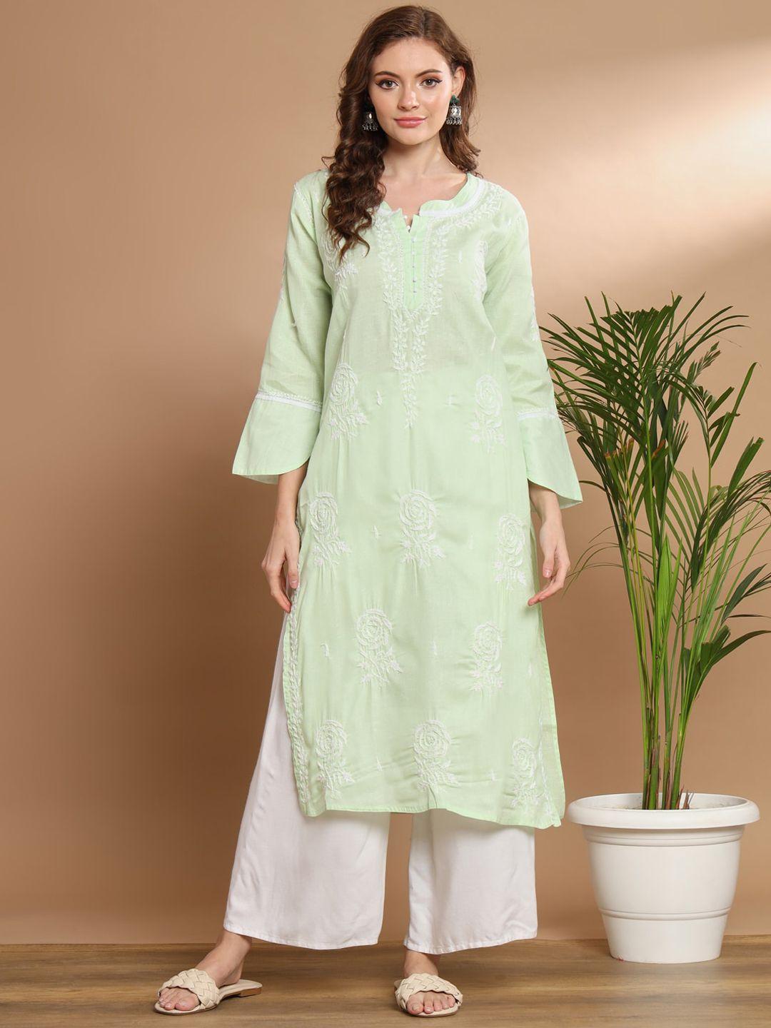 ethnava floral embroidered flared sleeves cotton straight kurta