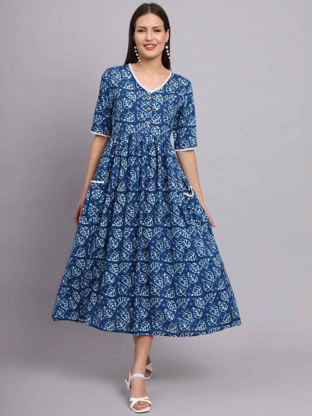 deckedup v neck floral printed lace-up detail cotton a-line midi dress