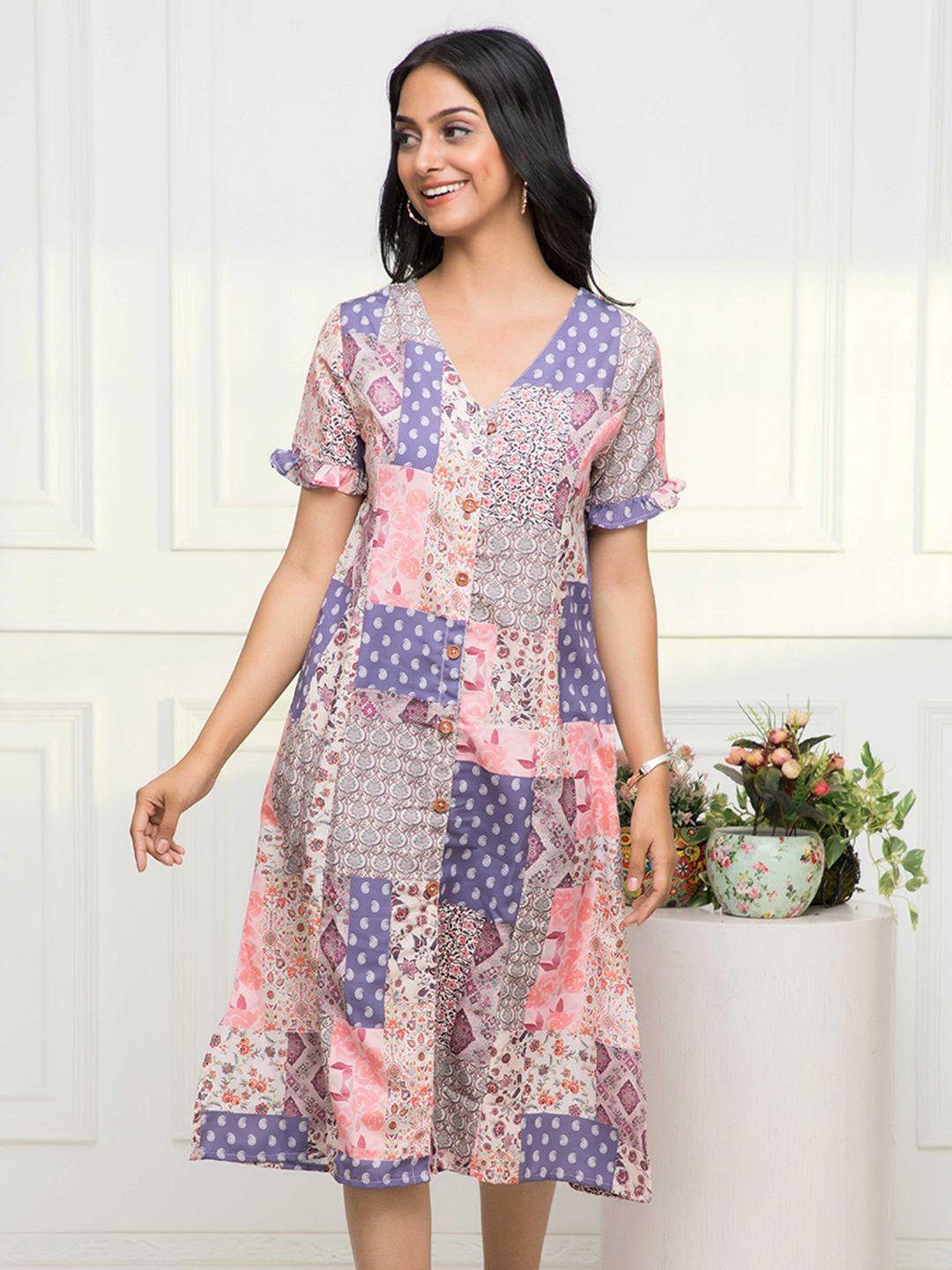 dressberry white floral printed v-neck a-line dress