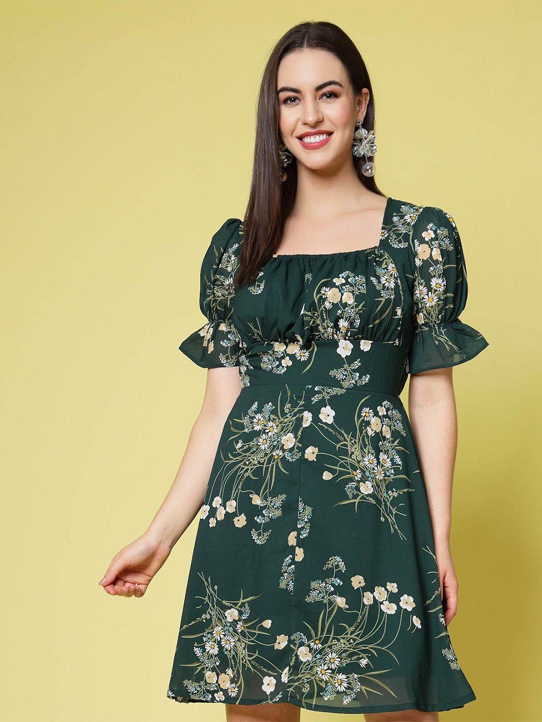 pluss green floral print square neck puff sleeve fit & flare dress