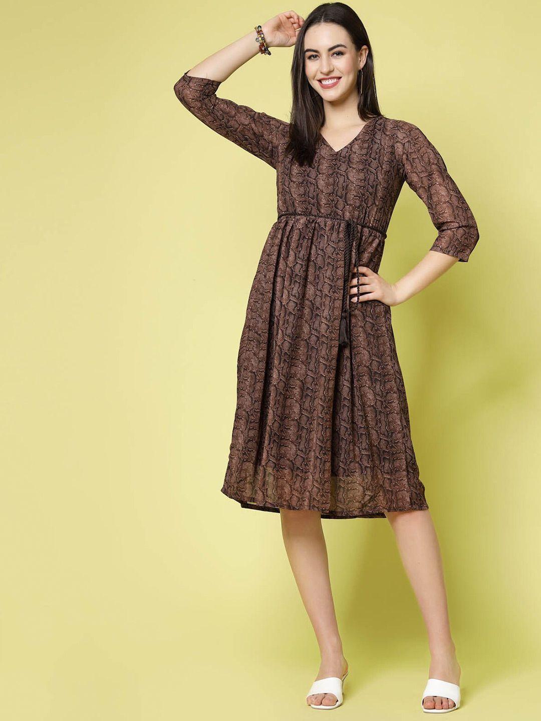 pluss brown floral print v-neck fit & flare polyester dress