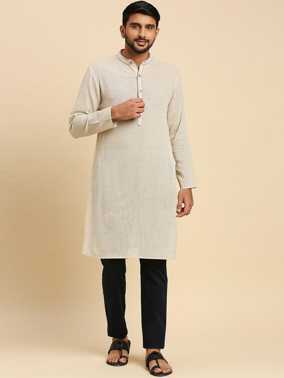 anubhutee woven design band collar long sleeve cotton kurta