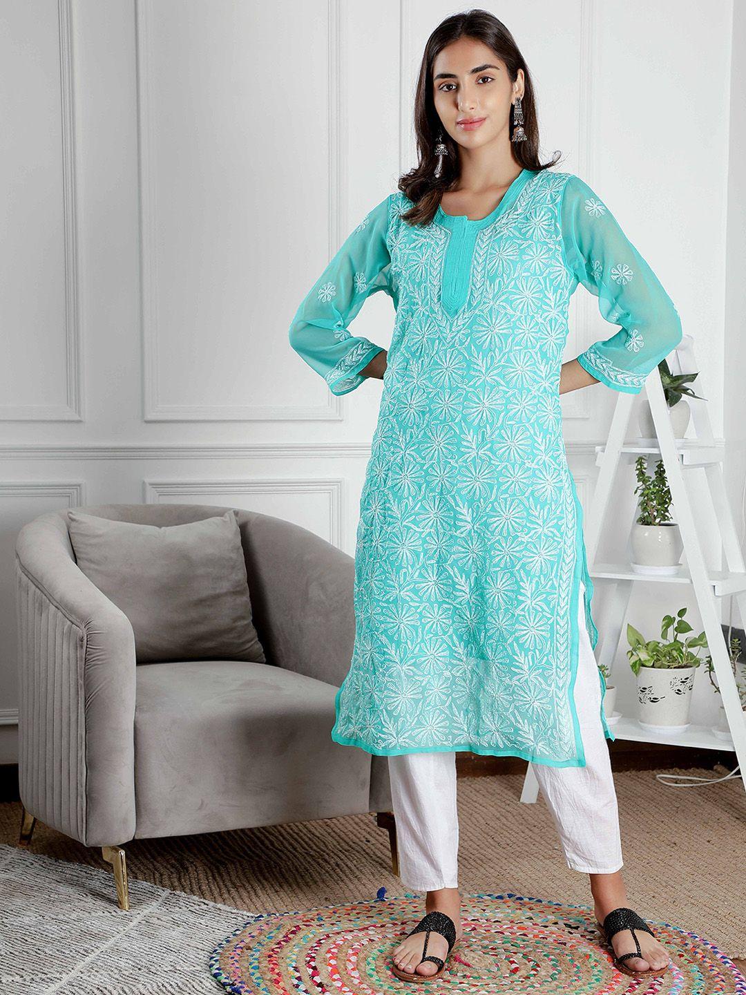 ethnava women sea green floral embroidered flared sleeves thread work handloom georgette kurta