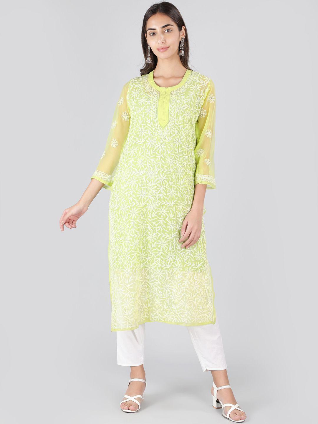 ethnava women green ethnic motifs embroidered chikankari handloom georgette kurta