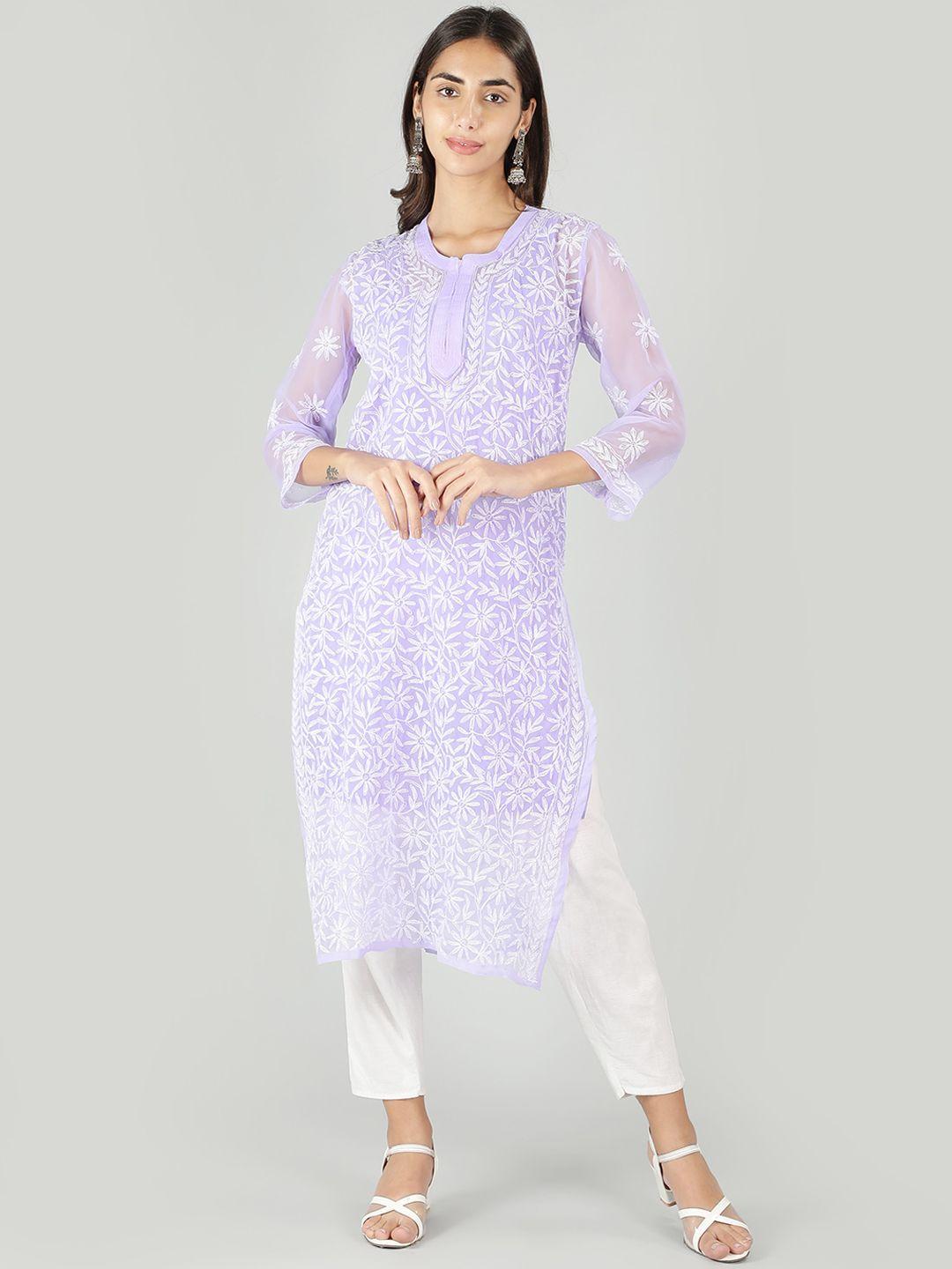 ethnava women purple geometric embroidered flared sleeves chikankari handloom georgette kurta