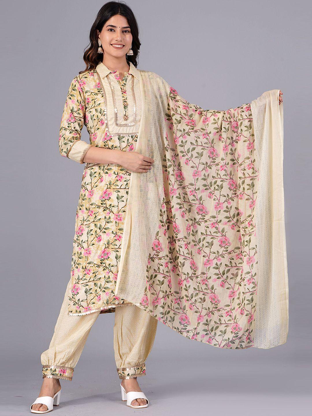 doriya floral printed kurta with salwar & dupatta