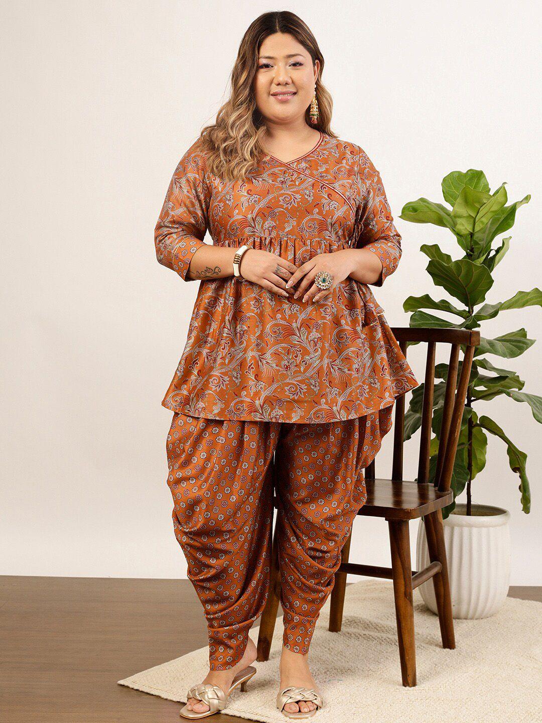 indo street plus size floral printed angrakha kurti with dhoti pants