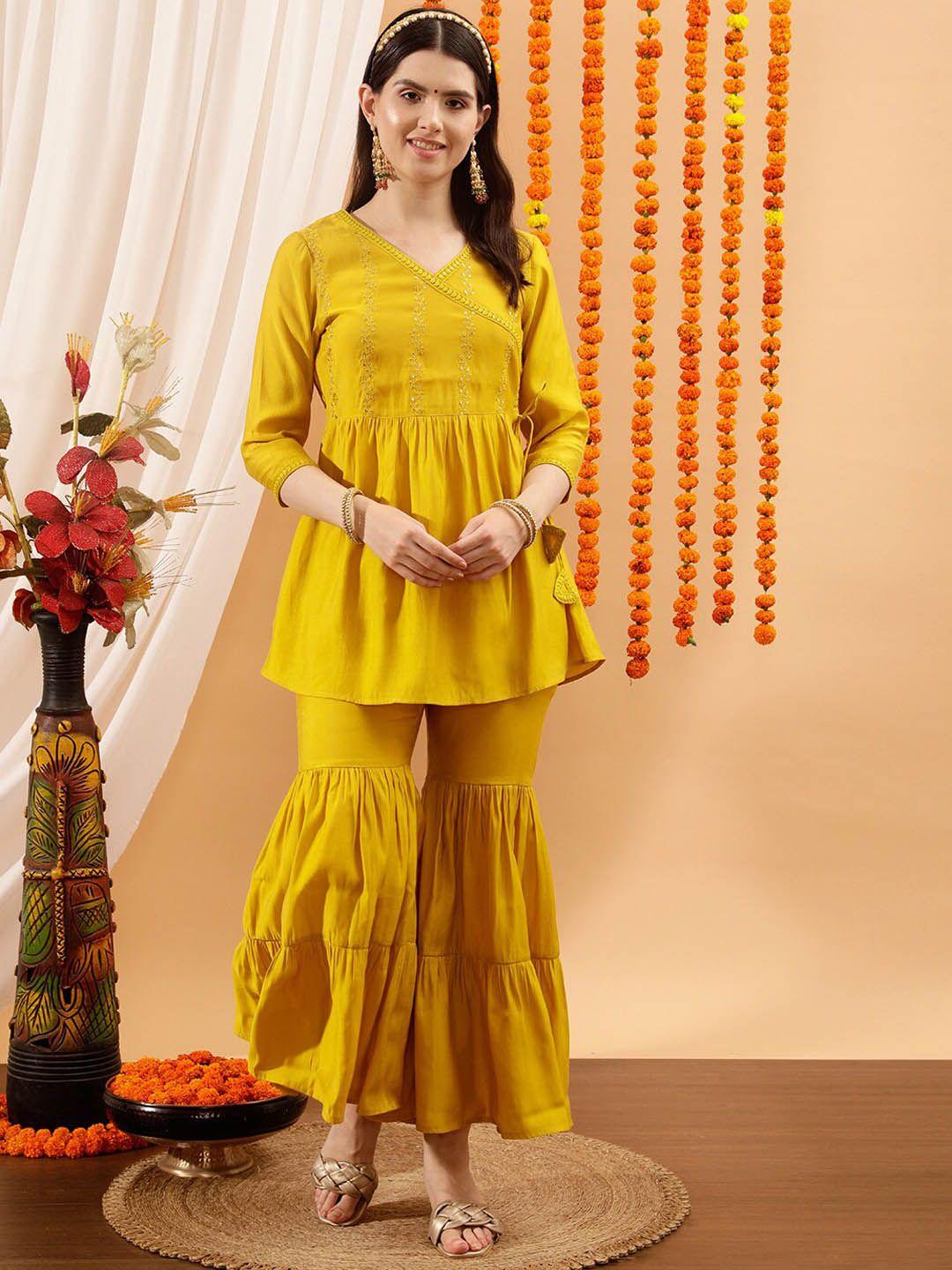 indo street women yellow ethnic motifs embroidered angrakha thread work kurti with sharara