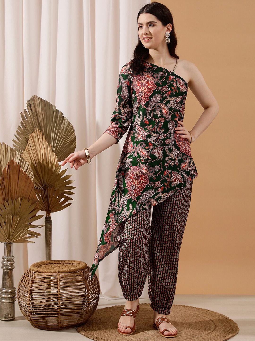 indo street ethnic motifs printed regular silk crepe kurta with trousers