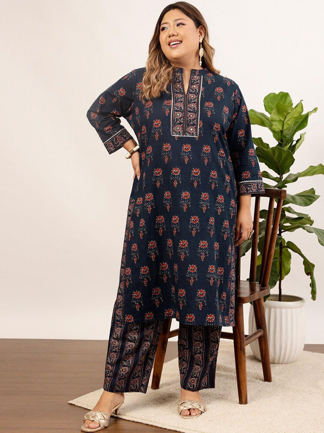 indo street plus size  floral printed regular gotta patti pure cotton kurta with trousers