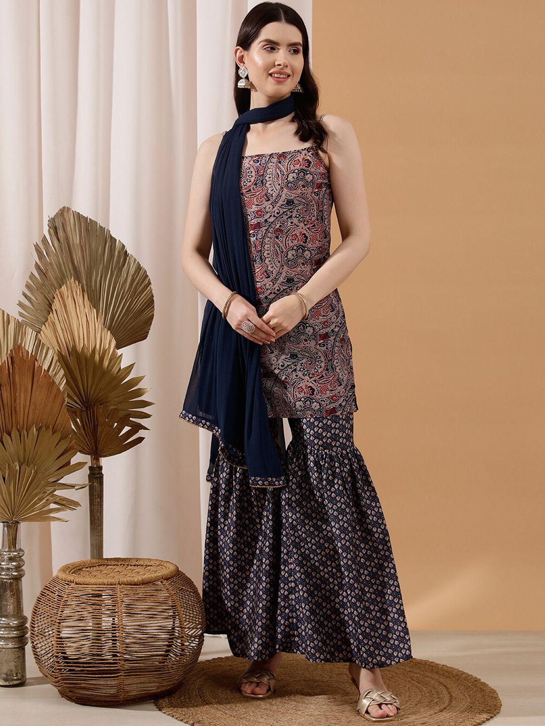 indo street women blue ethnic motifs printed regular silk crepe kurti with sharara & with dupatta