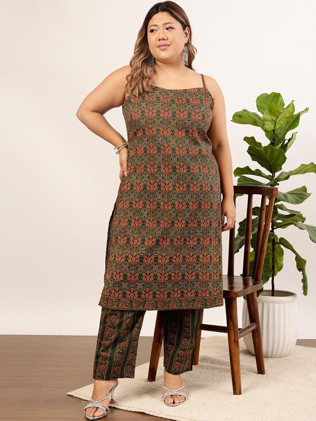 indo street women olive green ethnic motifs printed regular pure cotton kurta with trousers