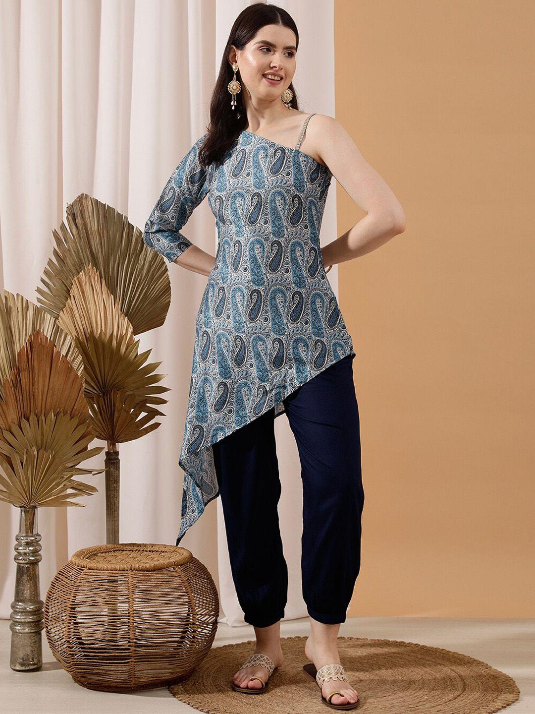 indo street women blue paisley printed regular silk crepe kurta with trousers