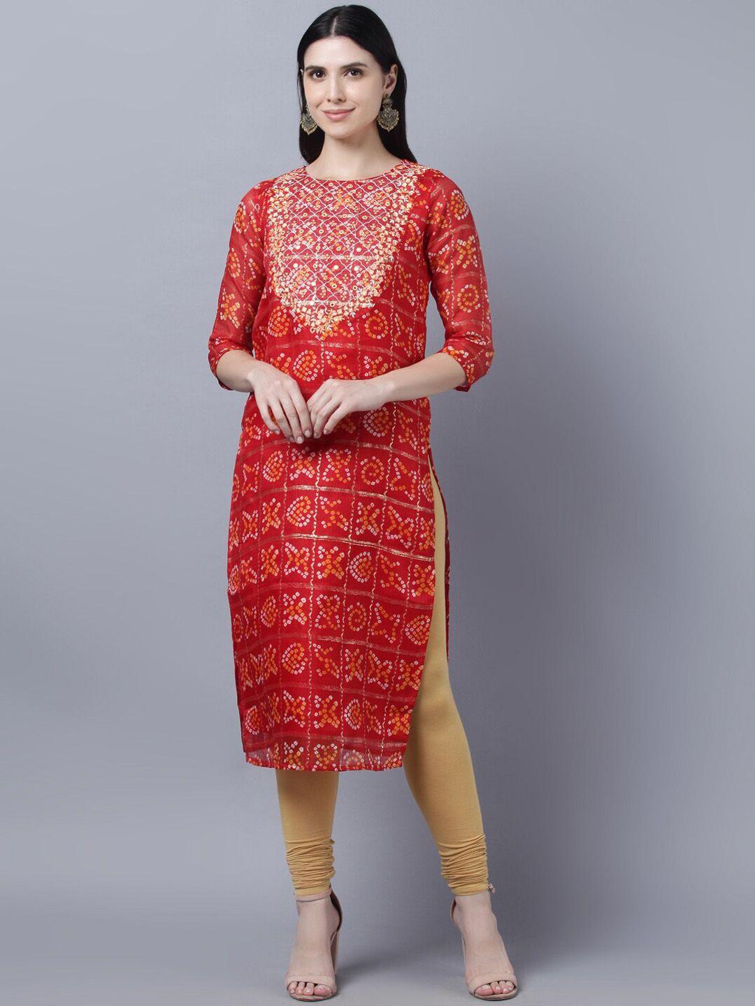 sangria red bandhani printed cotton thread work pure cotton straight kurta