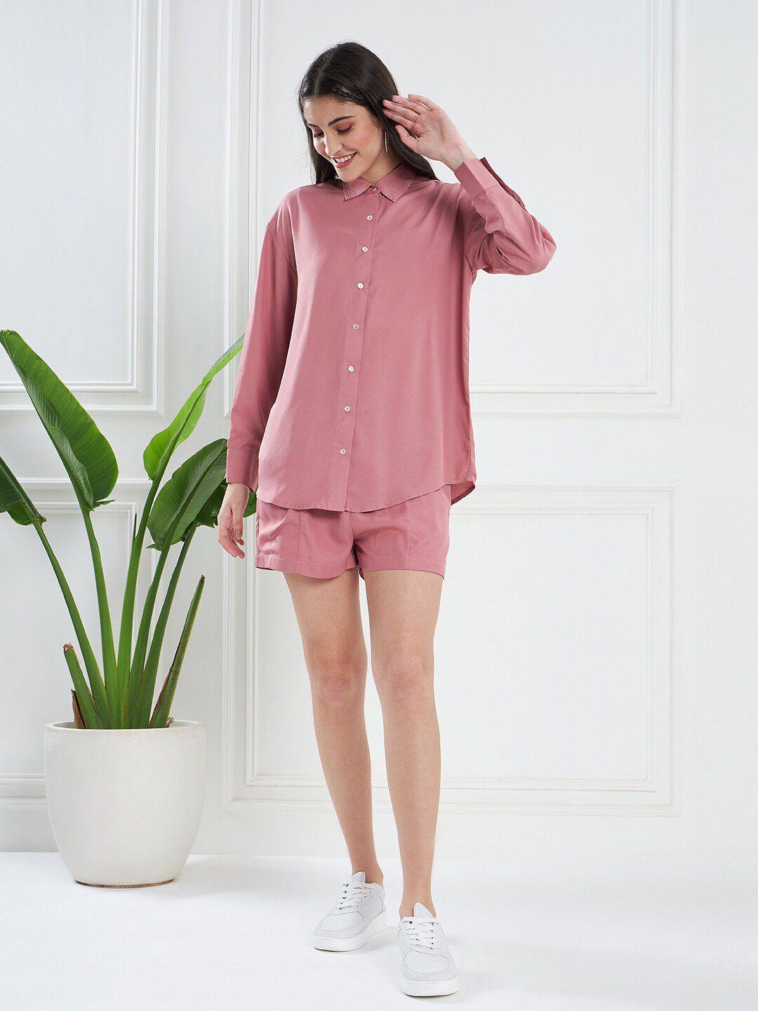 kassually pink spread collar long sleeve casual shirt